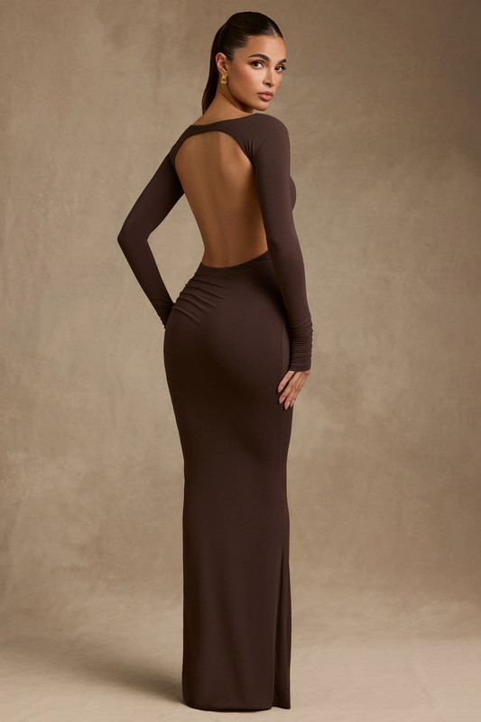Modal Ruched Backless Maxi Dress in Chocolate Brown - Size:L